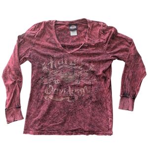 Harley Davidson‎ Women's Large Grunge Y2K Distressed Long Sleeve Graphic Shirt